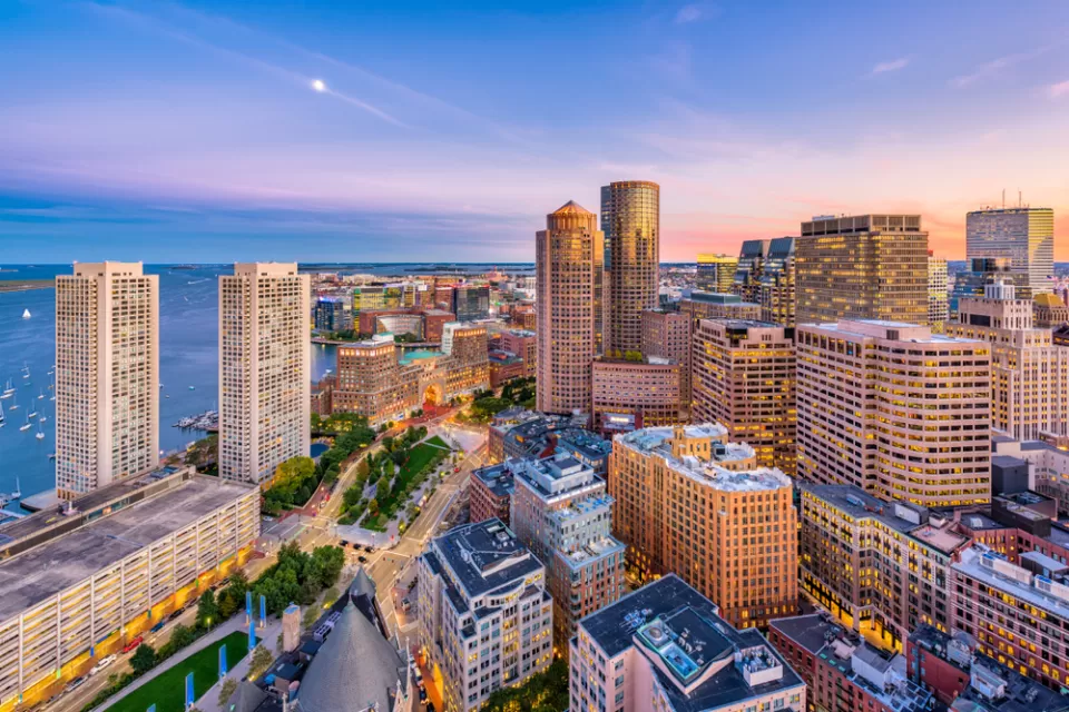 Aerial view of high-rise buildings on waterfront in Boston, Massachusetts